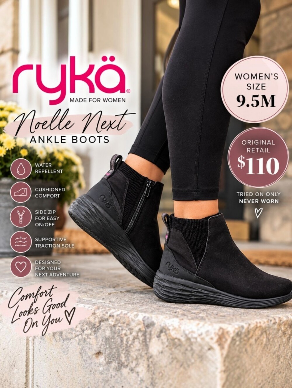 Ryka Noelle Next Black Water Repellent Ankle Boots 9.5M NWT